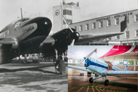 Fotos: Stadtarchiv Böblingen, Thomas Niedermüller zwei alte Flugzeuge auf dem ehemaligen Flughafen in Böblingen und Stuttgart