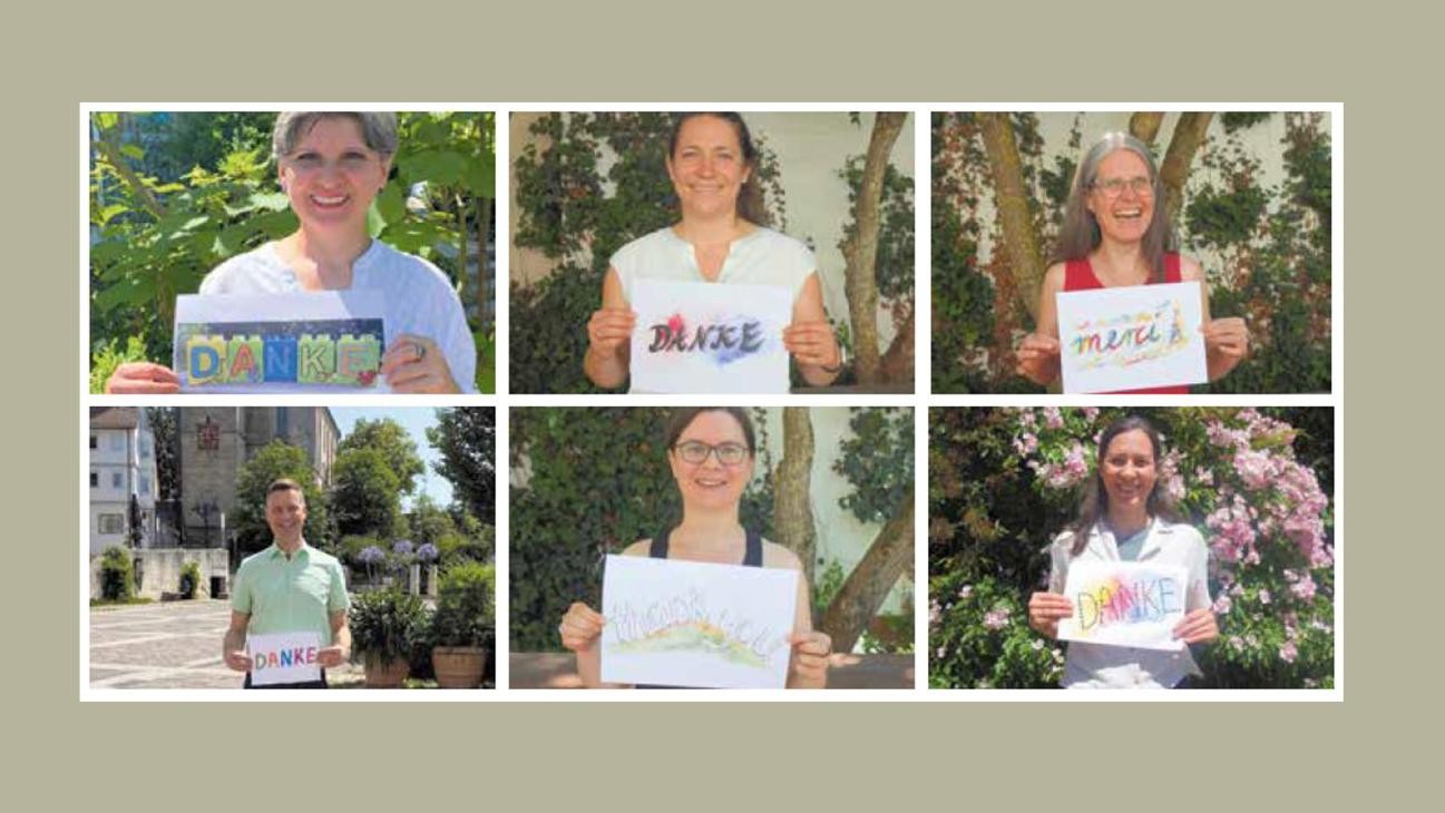 Yvonne Paetel, Melahat Altan, Natalie Huttenlocher- Drachsler, Senta Hagmayer-Berner, Herr Heizmann 6 personen mit einem schild in der hand auf dem "DAnke" steht