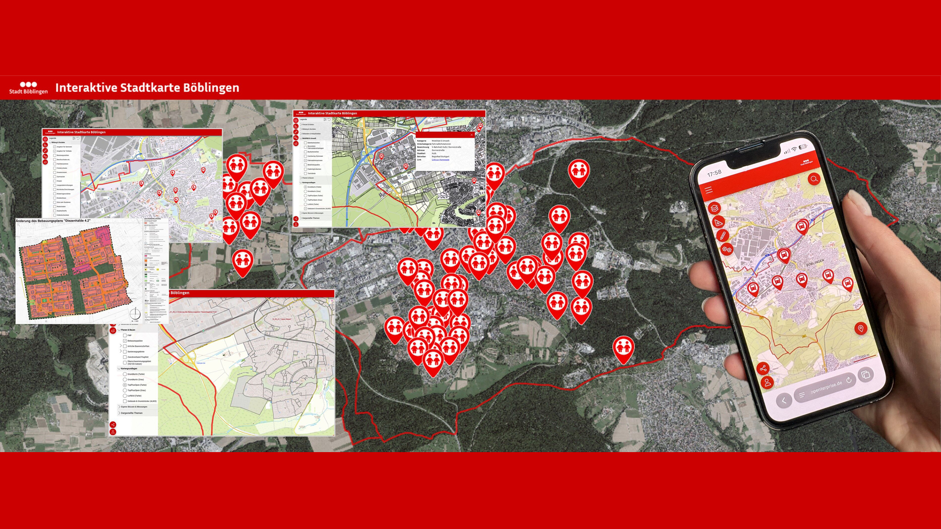 Ein Ausschnitt der Stadtkarte Böblingen mit Markierungen über interessante Einrichtungen oder Informationen der Stadt