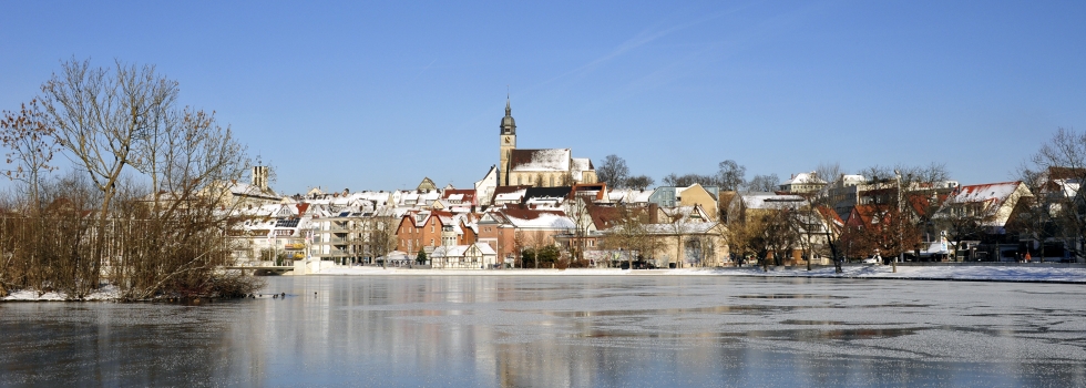 Foto: Albig Blick über winterlichen Stadtsee auf Altstadt