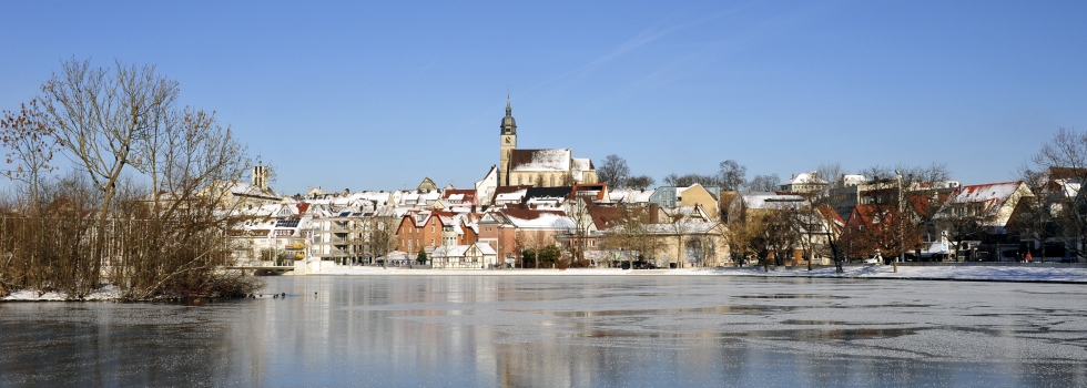 Blick über winterlichen Stadtsee auf Altstadt